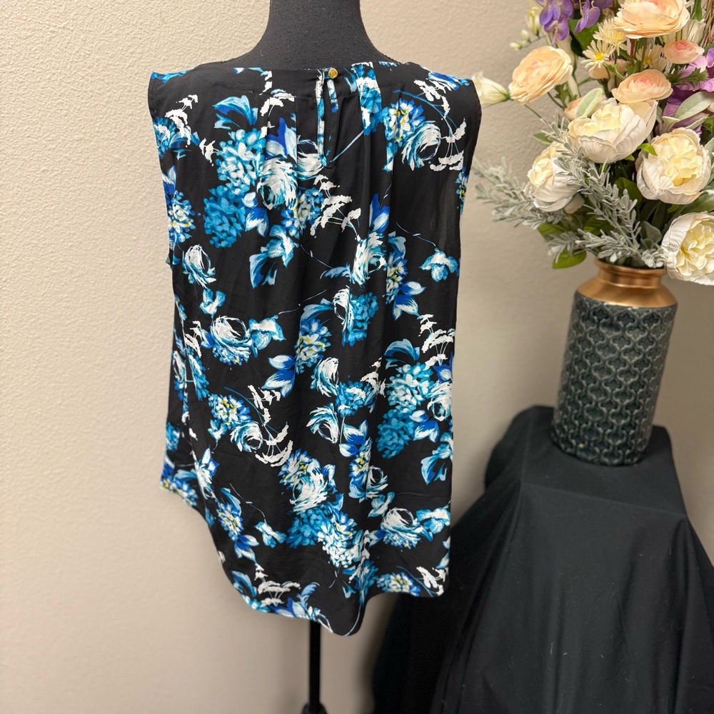 Calvin Klein Blue Floral Sleeveless Blouse Black XL Office Casual Tank Top - Picture 3 of 8